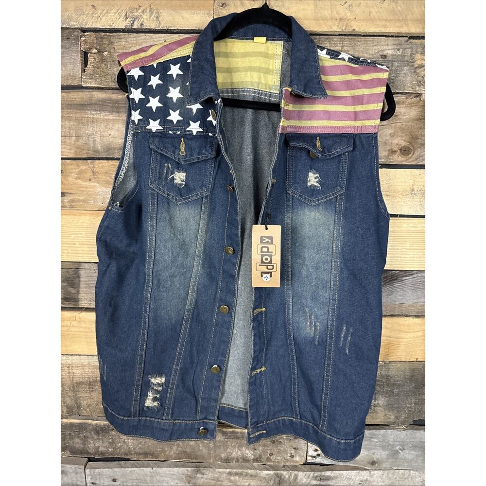 Idopy Patriotic Denim Jean Vest Medium Red White Blue